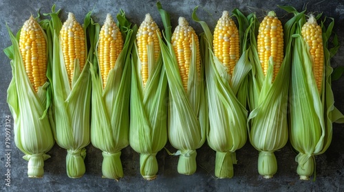 Organic corn cobs in a visually appealing pattern against a light background