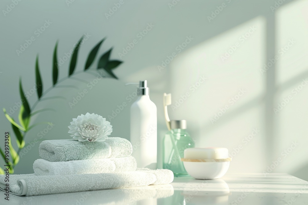Spa bathroom scene with toiletries, soap, and towel for a serene and relaxing ambiance