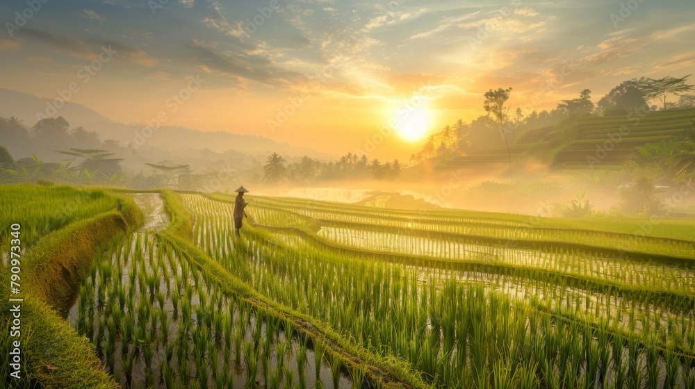 A serene sunrise over lush rice fields, with a farmer preparing for the day ahead.