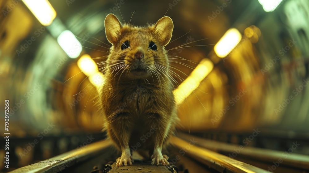 Close-up shot of the rat as it navigates the maze-like tunnels of the metro system