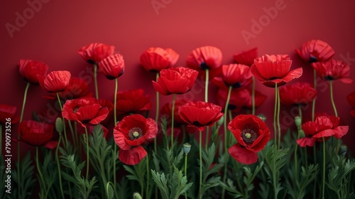 Red poppy flowers on red background