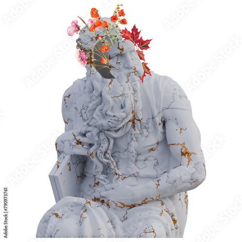 Moses statues 3d render, collage with flower petals compositions for your work