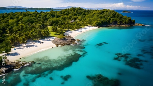 Aerial view of beautiful Seychelles islands with white sand and turquoise water