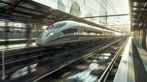 A sleek high-speed train gliding effortlessly along its tracks, symbolizing the efficiency and connectivity of modern rail networks.