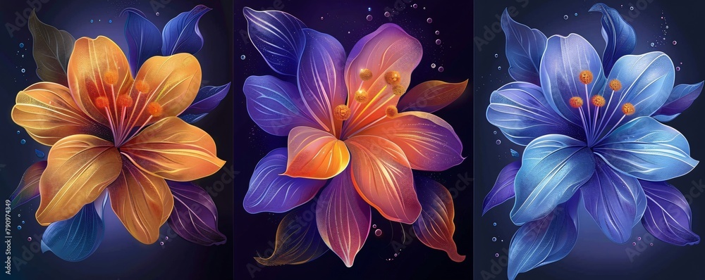 Three panel wall art featuring 3D azahar flower botanical drawing for an artistic wall decoration