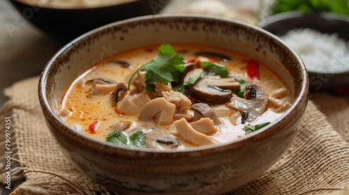 A steaming hot bowl of comforting Tom Kha Gai soup, filled with tender chicken, mushrooms, and aromatic coconut milk broth.