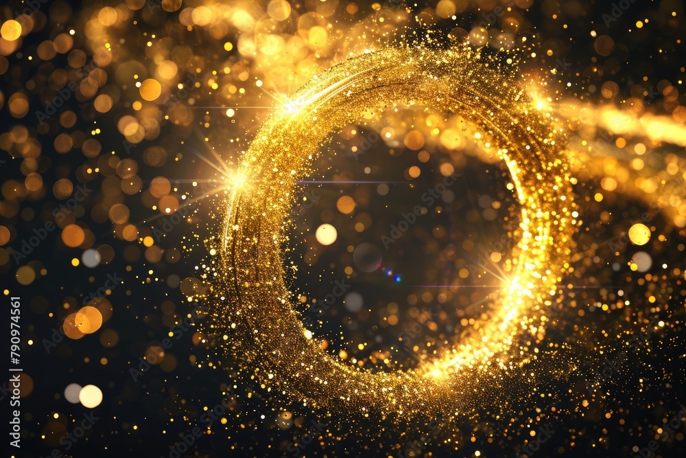 Gold sparkling light circle with shimmering particles with glare flare effect, magic stars glow, firework confetti of glittery ring shimmer, Ai generated Gold sparkling light circle with shimmering particles with glare flare effect, magic stars glow, firework confetti of glittery ring shimmer, Ai generated