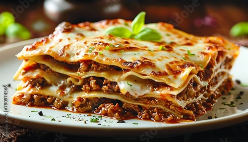 delicious plate of hot multi-layered meat lasagna dripping with cheese. photo