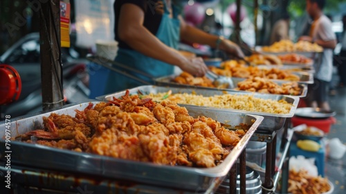 A street food stall displaying rows of crispy fried chicken with sticky rice, a popular and satisfying Thai snack enjoyed on the go.