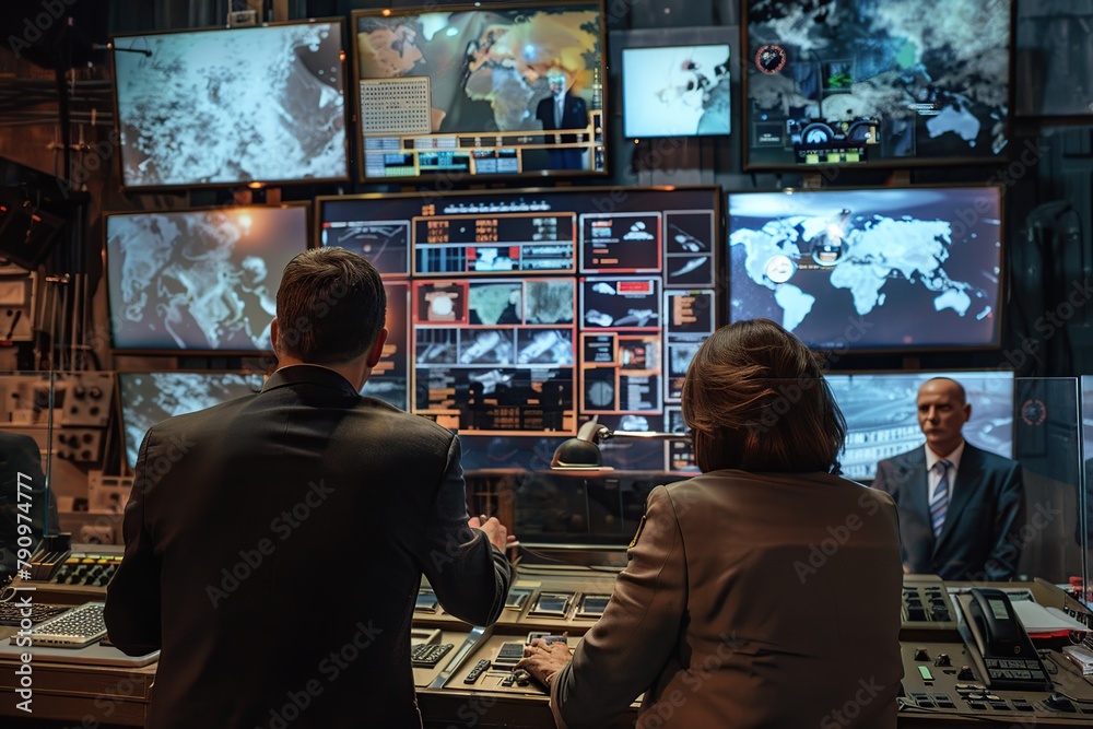 Military command center with TV screens with surveillance Military command center with TV screens with surveillance