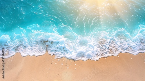 The sun is shining brightly over the ocean. The waves are gently crashing on the shore. The sand is warm and inviting.
