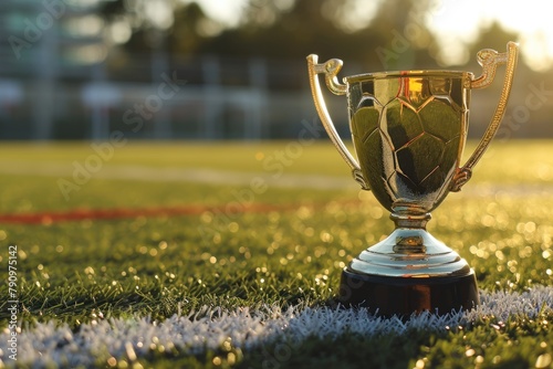 Golden trophy cup on a football field, Golden trophy cup on a football field, AI-generated