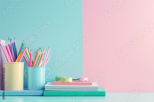 Back to school pastel background with stationery, kids supplies, alarm clock, green apple on table. Colorful paper, color pencils, stack of books. Copy space for text. Front view. Young student desk