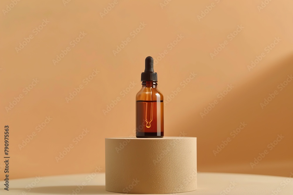 Dark amber glass bottle standing on cylinder. Natural skin care SPA beauty product design. Mineral organic oil cosmetics on beige background. Mock-Up. Oily pipette. Face and body treatment. Front view