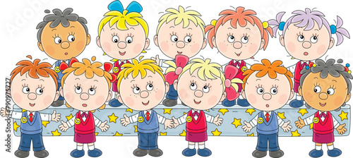 Merry choir of funny little schoolboys and schoolgirls first graders at a music lesson of choral singing in elementary school, vector cartoon illustration on a white background