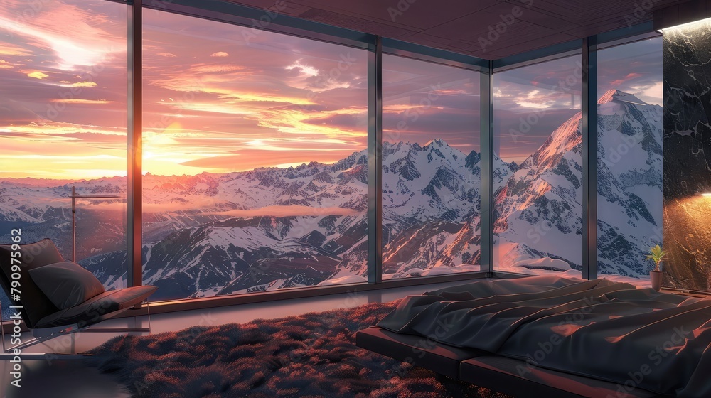  A mountain lookout point offering panoramic views of the sunrise, with distant peaks bathed in soft pastel hues and the sky ablaze with color as a new day dawns.


