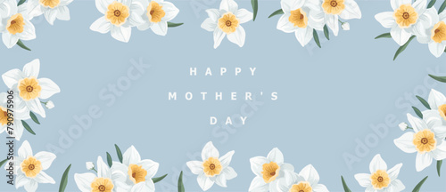 Happy Mother's Day. Minimalism.  Vector modern cute minimalistic floral illustrations of narcissus flower, daffodil, blue pattern for greeting card, background, invitation or banner