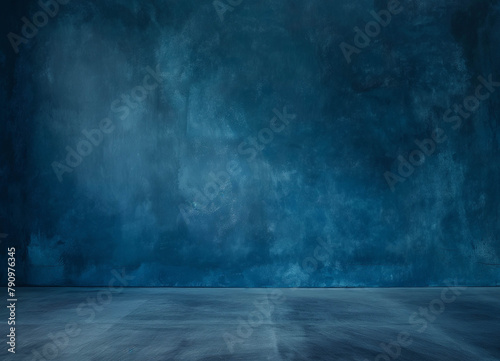 Empty dark blue wall and dark tiled floor. advertising for designer, minimalism.