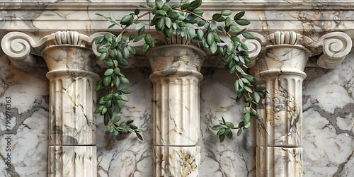 Fototapeta Naklejka Na Ścianę i Meble -  Three panels wall art 3D model of ancient Greek columns with olive branches on marble background