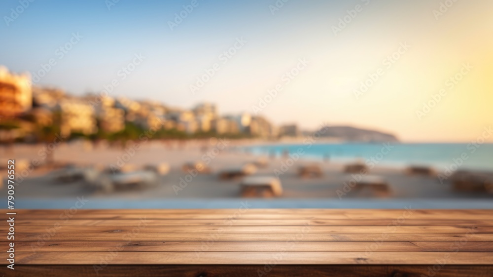 The empty wooden brown table top with blur background of seaside resort. Exuberant image. generative AI