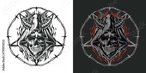 Skull Grim Reaper with horn logo dark art style illustration for t-shirt design