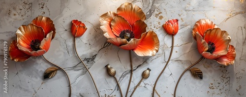 Three panels wall art 3D poppies with metallic stems on a marble background wall decoration wallpaper © Sara_P