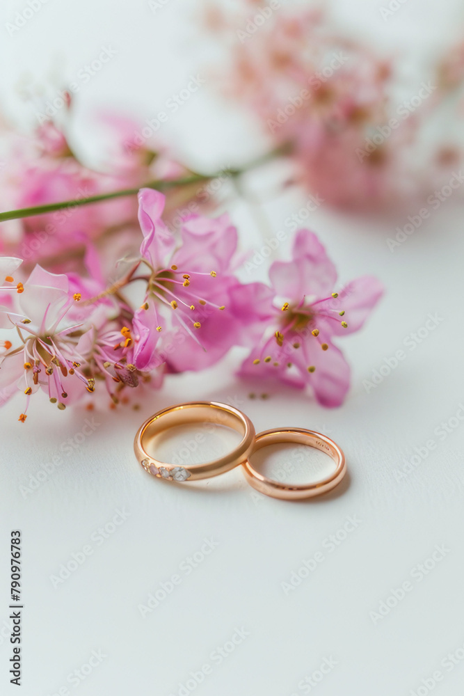 two golden wedding rings and flowers on white background two golden wedding rings and flowers on white background