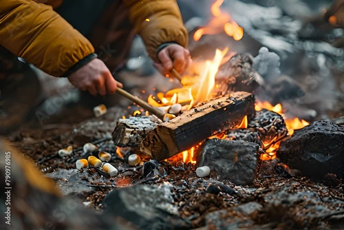 Toasty Marshmallows on a Campfire, Toasted marshmallows skewered over a campfire, ready for a sweet treat in the great outdoors, with embers glowing warmly and firewood crackling photo