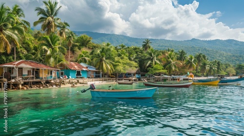 A traditional fishing village nestled among palm trees, with colorful boats moored in the azure waters. photo