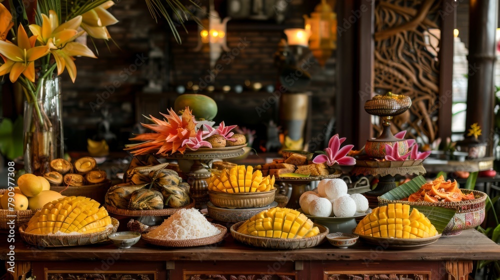 A traditional Thai dessert table adorned with sticky rice with mango, coconut ice cream, and assorted sweet treats, a feast for the senses.