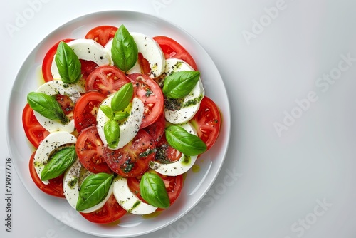 Top view of a delicious and healthy Caprese salad arranged neatly on a white plate.