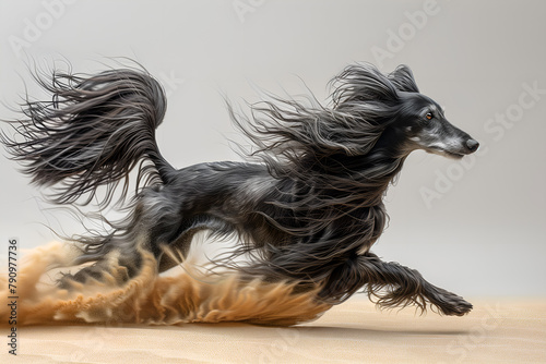 Lévrier afghan noir à poils longs qui court dans le sable photo