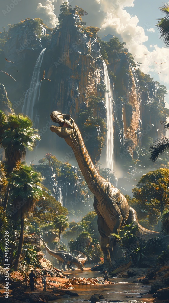 Fototapeta premium A roaring dinosaur valley with lush vegetation and towering waterfalls, prehistoric creatures roaming freely