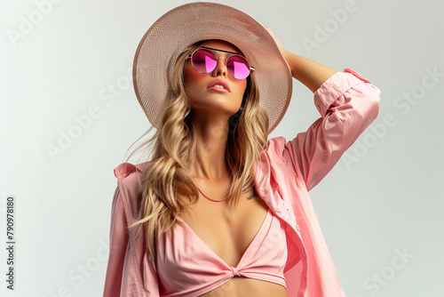 A woman in a pink dress and hat with pink sunglasses