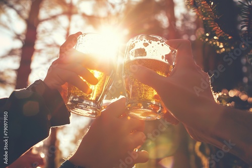 Close-up of two hands clinking beers at sunset in a celebratory setting. photo