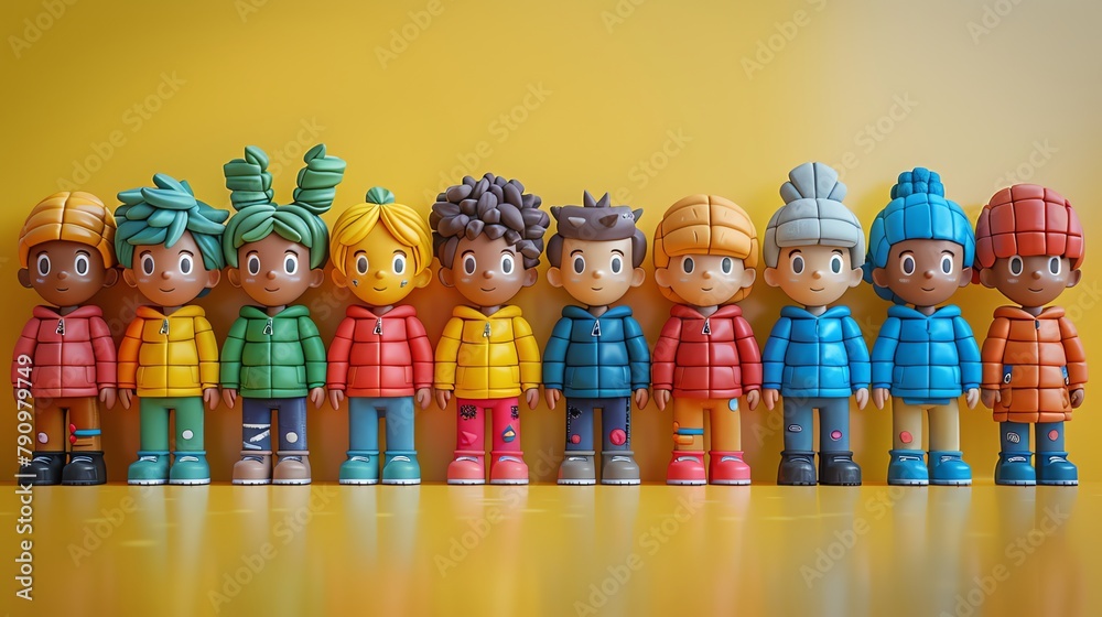 3D cartoon characters wearing rainbowcolored clothes, celebrating diversity, isolated on a striking yellow background
