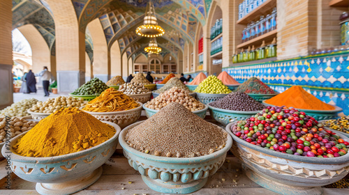 Middle East historical street with periodic buildings, small fruit, vegetables and spices shops and cafes photo