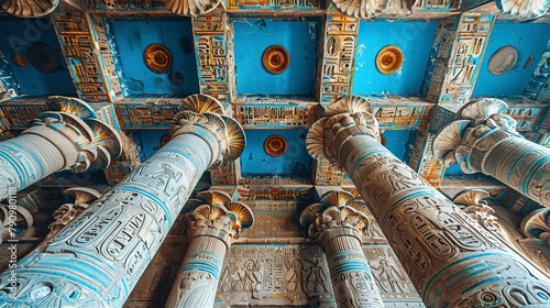 Beautiful Egyptian temple, columns with reliefs and hieroglyphs  inspired by ancient architecture as in Abydos. photo