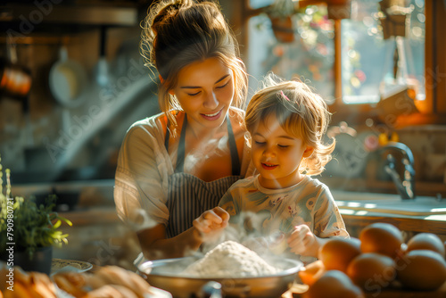 Mère et enfant en train de cuisiner photo