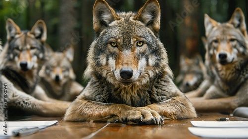 Wolf CEO leading a corporate meeting an imaginative take on leadership and animal instinct in the business world photo