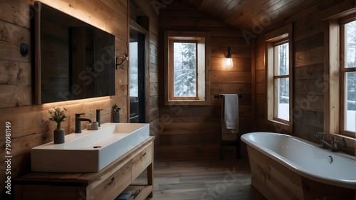 A Wooden Bathroom Cabin In Forest  Cinematic Light