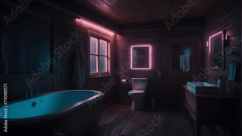 A Wooden Bathroom Cabin In Forest  Cinematic Light
