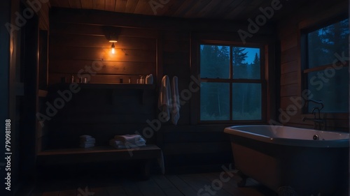 A Wooden Bathroom Cabin In Forest, Cinematic Light © ZADpro