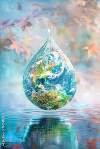 An elegant globe made of water with a rainbow. World Water Day and Earth.