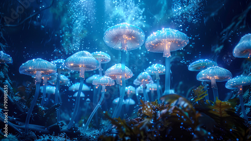 A surreal underwater scene with bioluminescent, poisonous sea mushrooms photo