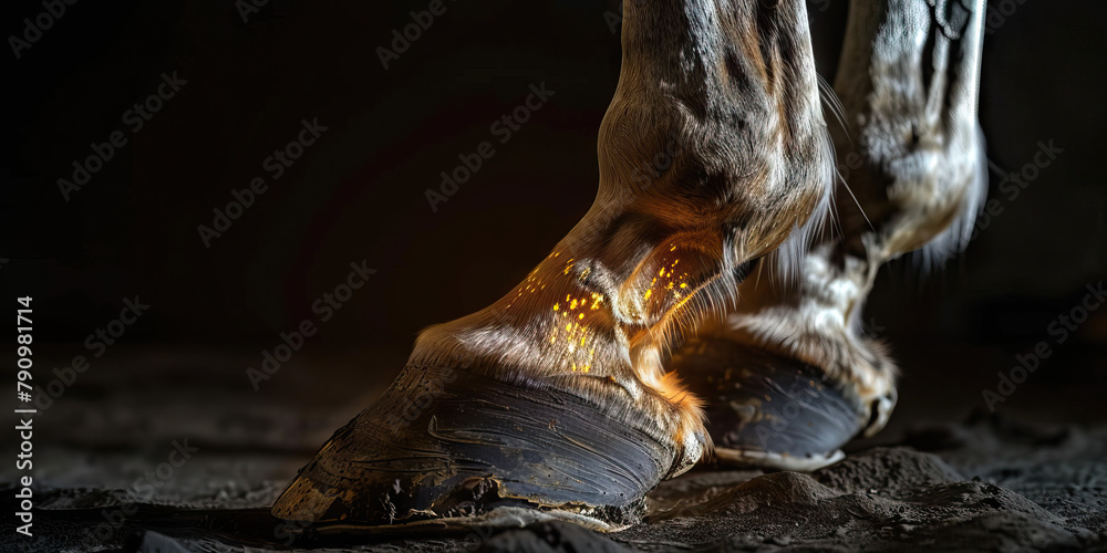 Equine Navicular Disease: The Heel Pain and Lameness - Picture a horse with highlighted hoof showing bone degeneration, experiencing heel pain and lameness, - obrazy, fototapety, plakaty 