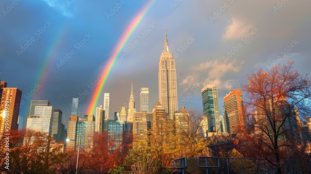 Obraz premium A vibrant rainbow framed by the towering skyscrapers of a city skyline, creating a stunning juxtaposition of nature and urban architecture.