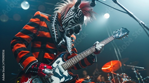 Zebra in punk rock attire electrified mane matching its striped suit playing an electric guitar