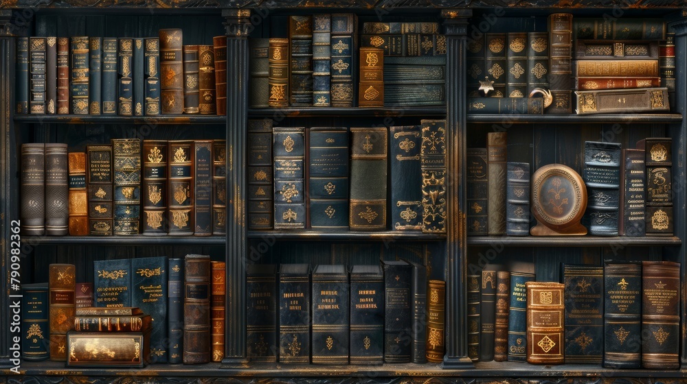 Elegant antique library shelf with ornate golden and bronze book spines in an classical setting