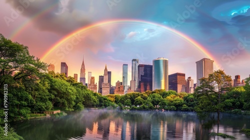 A vibrant rainbow framed by the towering skyscrapers of a city skyline, creating a stunning juxtaposition of nature and urban architecture.